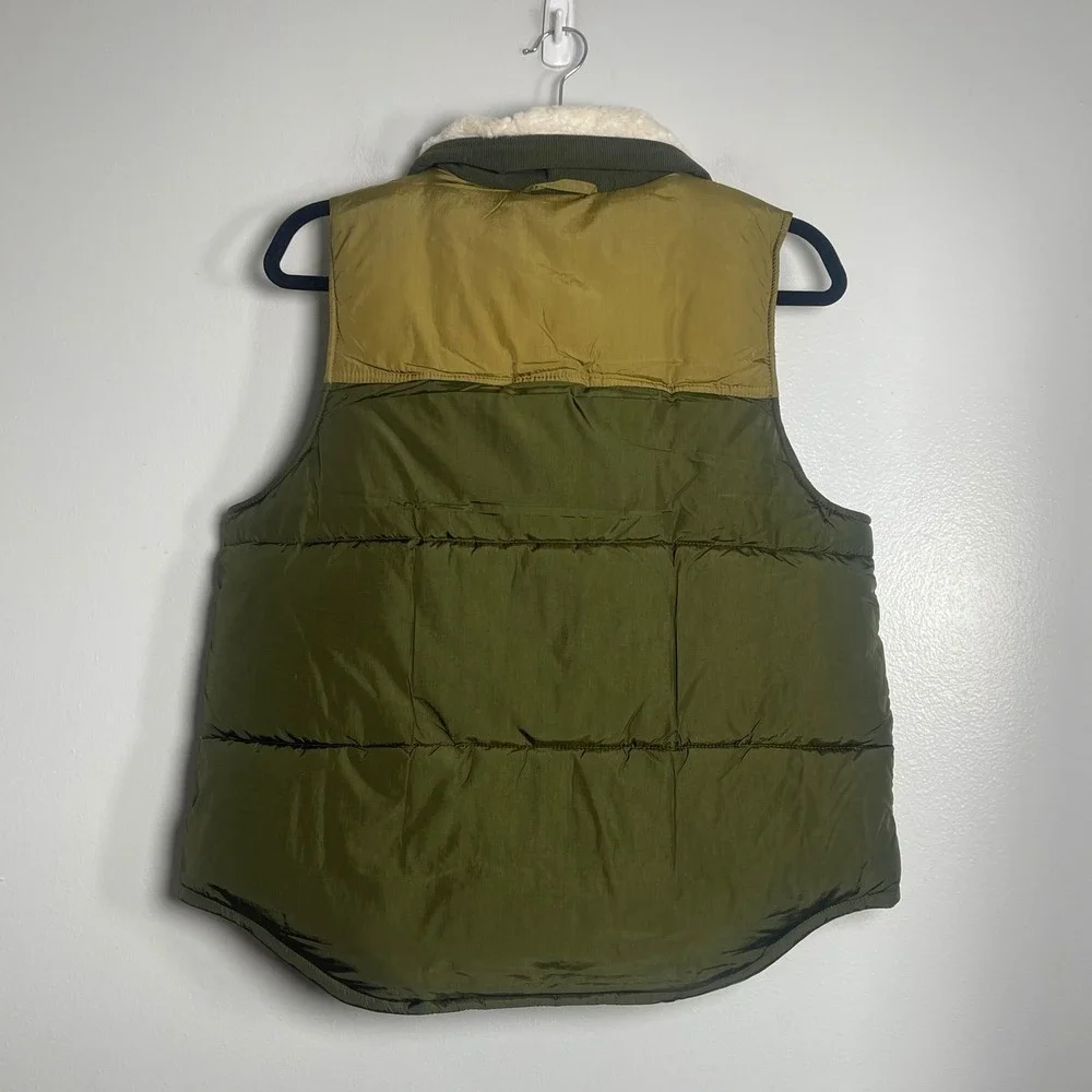 J.CREW Colorblock Puffer Vest with PrimaLoft Small Olive Green‎ Khaki NEW Sherpa